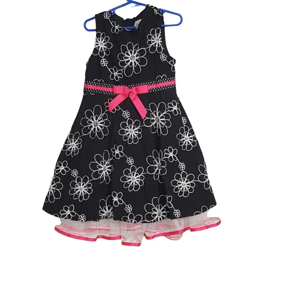 Girls Size 6 Dress Sleeveless Black Embroidered Floral Pink Bow Tulle‎ Trim